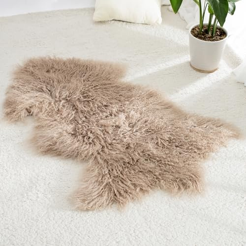 CloudDwelling 100% Genuine Sheepskin Area Rug Real Lightweight Fluffy Soft Mongolian Long Wool Fur Carpet for Couch Bed Sofa Bedroom Living Room Taupe 2x3ft