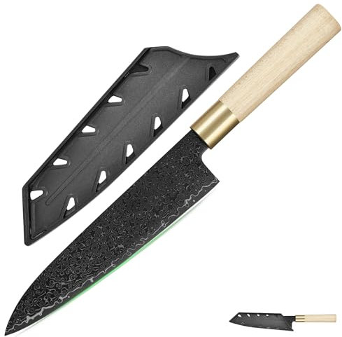 FULLHI Coltello giapponese in acciaio damasco nero con fodero, lama forgiata a mano manico in legno Gyutou sashimi Coltello da cucina con scatola per uomo donna regalo (Coltello da chef)