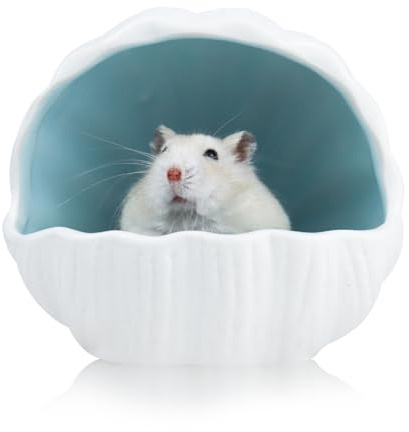 LuckyOpt Ceramic Hamster Hideout, Cute Shell-Shaped Small Animal Habitat, Large Opening Easy to Clean Ceramic Hamster House for Gerbils, Chinchilla, Dwarf Hamsters (Blue)