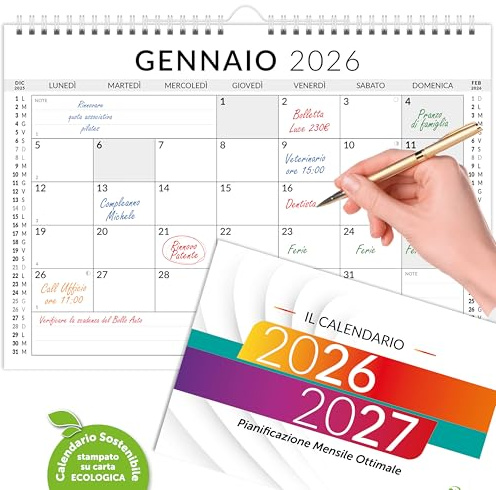 Calendario 2026-2027 da Muro e Tavolo | Planner Mensile 18 mesi | da Appendere | Formato A4-21x30 cm | Gennaio 2026 - Giugno 2027