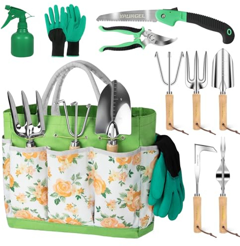 YAUNGEL Ensemble d'Outils de Jardinage, 10 Pièces Outils de Jardinage Robustes en Acier Inoxydable avec Manches en Bois antidérapants- Cadeaux pour Les Femmes et Les Hommes