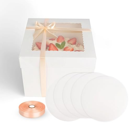 ACOMTUO 5 Piezas Cajas para Tartas, 25,4 x 25,4 x 12,7 cm, Cajas Blancas Con Ventana y Bandeja para Tartas, y 5 Bandejas Redondas, Cajas para Pasteles de Carton Blanco, Caja Tarta Recipiente