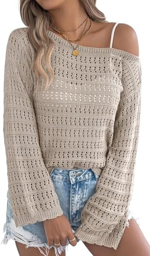 Adigau Stickad damtröja elegant långärmad tröja urholkning topp med klockärmar ledig lös långärmad tröja för vår sommar höst, kaki, L
