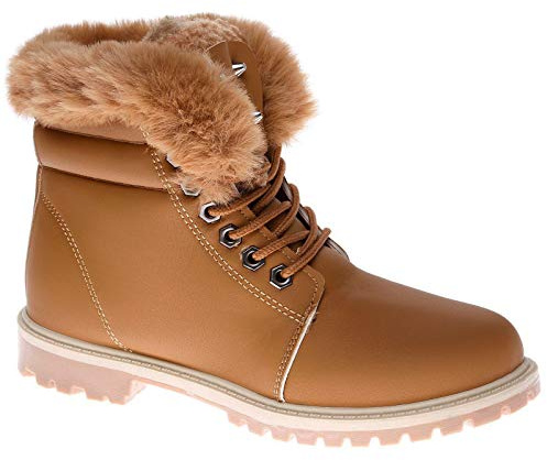Ladies Ankle Boots Womens Fur Collar Flat Grip Sole Army Combat Warm Winter Casual Fashion High Top Lace Up Snow Shoes Size 3-8 Camel