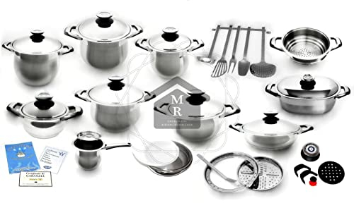 MRcasalinghi Batteria PENTOLE 37 Pezzi Acciaio Inox 18/10 Linea BOMBATA DINAMICA Satinata Lucida Made in Italy