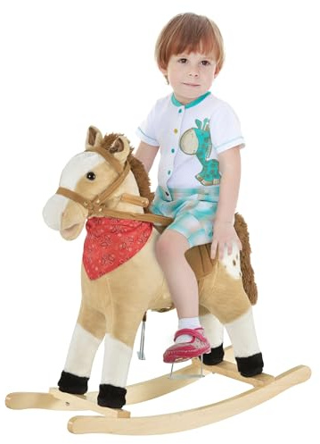 Qaba Kids Plush Ride-On Rocking Horse Toy Cowboy Rocker with Fun Realistic Sounds for Child 3-6 Years Old, Beige