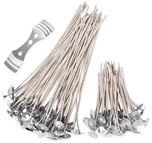 Candle Wicks,SMALUCK 100 Pcs Organic Soy Pre Waxed Cotton Candle Wick 20cm and 10 cm Long with 1Pc Stainless Wick Holder Sustainer for Candle Making(8&4)