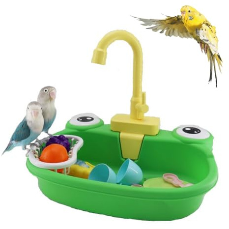 PINVNBY Bird Bath Tub with Automatic Watering Faucet Parakeet Bath Bowl Budgie Shower for Cockatiels Conures Lovebirds and Other Small Medium Birds Shower (Green
