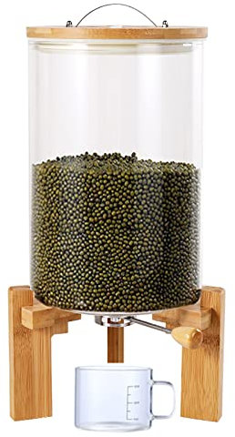 Dispensador de Cereales de Cristal de 5/7.5L, Dispensador de Frutos Secos Arroz y Frijoles, Recipientes Almacenamiento para Arroz Soja Alimentos Secos Cereales, Taza Medidora+Tapa Sellada(Size:5L)