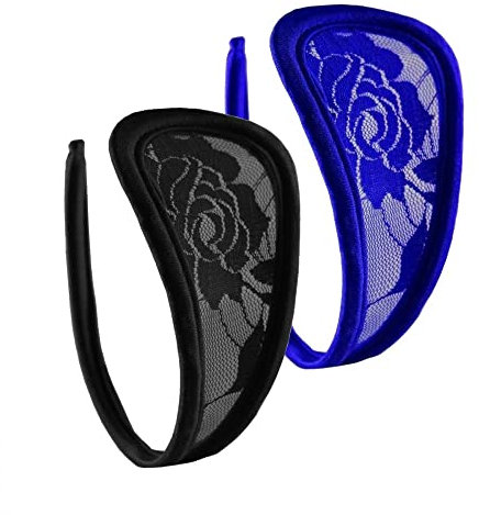2er Set C-String Spitze Damen Slip Mini Bikini Schwarz Blau Unterhose Dessous S/M/L
