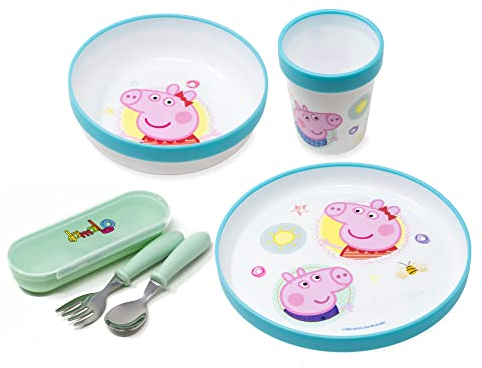 damaloo Kindergeschirr Set rutschfest mit Kinderbesteck BPA frei passend für Peppa Wutz Fans - 5-teiliges Geschirrset - Wiederverwendbares Geschirr und Besteck für Kinder, Baby