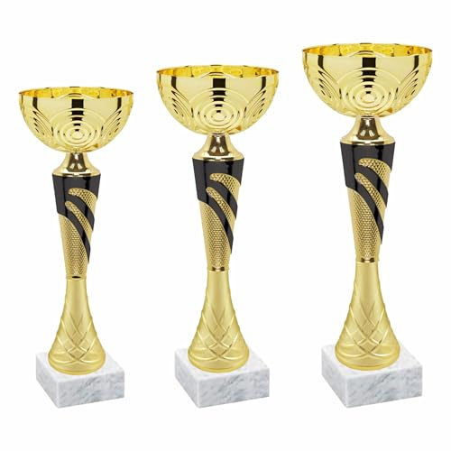 Generico Tris Coppe Premio Trofei Sportivi • 3 Coppe Oro/Nero in ABS con Base in Marmo per Bambini e Adulti – Trofei Personalizzabili per Eventi, Gare, Scuole