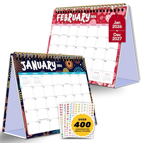 Decorably 18 Months Colorful Assorted Standing Small Desk Calendar 2026-2027 July 2026 to December 2027, 8x6in Spring-Bound Sheets with Stickers for Office, Home & School