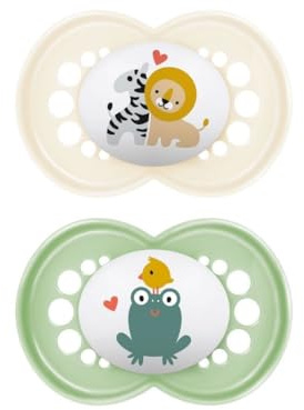 MAM Original Succhietto 16+ Mesi (Set da 2), Ciuccio MAM 16 36 mesi con tettarella ortodontica in caucciù, Kit da 2 accessori neonato con pratico porta ciuccio sterilizzatore, Neutro/Verde