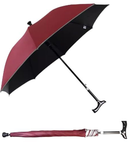 Wzmazingly Spazierstock Regenschirm Verstellbare Länge 2-in-1 Winddicht Gehstock Regenschirm Senioren Rutschfest Langer Handgriff Stützschirm(Red)