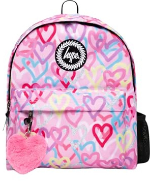 hype Girls Backpack, Pink with Graffiti Style Hearts, School Bag for Kids, Comfortable Rucksack with Bottle Holder, 3 Storage Compartments, Padded, Adjustable Straps & Grab Handle