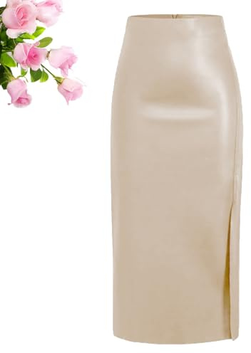 HESYSUAN Faldas largas de cuero para mujer, falda larga de cuero negro de invierno con abertura de cintura alta, falda de tubo de piel sintética acampanada, beige, L