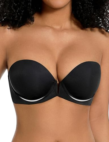 Rasback Soutien-gorge push-up sans bretelles pour femme - Plongeant profond - Rembourré - Ajoutez 1 bonnet, noir, 95D (Taille Fabricant:36D)