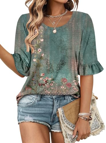 Magritta Crew Neck T Shirts for Women UK Elegant Puff Short Sleeve Comfy Summer Beach Blouses Ladies Tops Green Medium