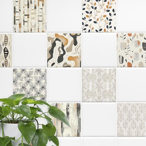 GRAZDesign Fliesenaufkleber Boho Küche Bad, Naturfarben Beige braun, Fliesenfolie selbstklebend - 10x10cm / 20 Stück