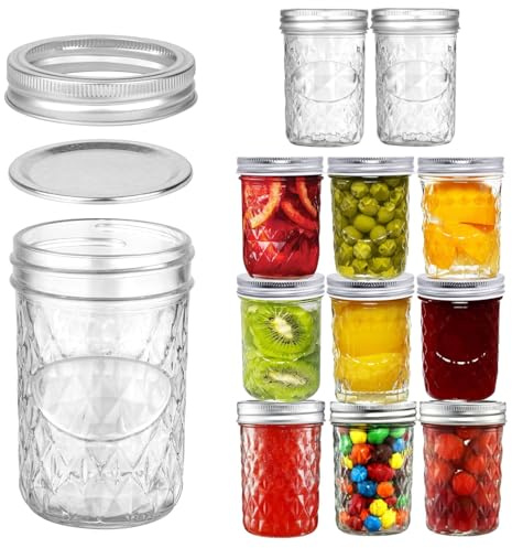 Gttyowyin Lot de 12 bocaux Mason de 240 ml avec couvercle argenté - Conservation des aliments - Cadeau de fête et de mariage - Large bouche Mason Pots - Bouchons de conservation pour confiture et miel