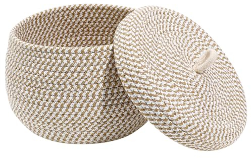ULTECHNOVO Aufbewahrungskorb mit Deckel Klein, Geflochtener Korb aus Baumwollseil für Bad & Kinderzimmer, Runde Aufbewahrungsbox für Kosmetik, Snacks, Haargummis & Ostereier, Flechtkorb Organizer