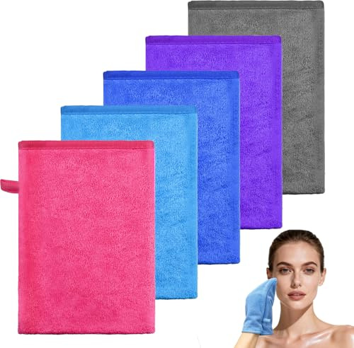 5 Pièces Gants de Toilette en Microfibre, Gant de Douche, 5 Couleurs Gant de Toilette Jetable, 14x20cm Toison de Corail, Serviette de Visage, Petite Serviette Main, Gants Démaquillants Réutilisables