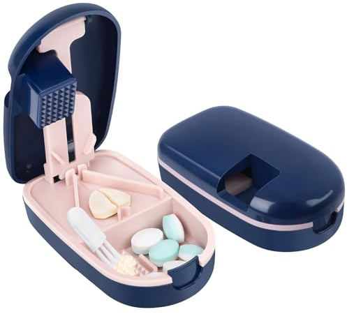 Alyvisun Coupe Comprimé pour petites ou grandes pilule (Bleu) | Design en V avec broyeur protège-lame éjection automatique et rangement