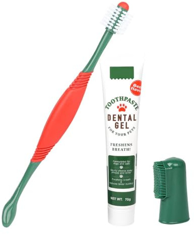 LAKPYN Set Igiene Orale per Cani e Gatti, Kit Pulizia Denti con Dentifricio al(70g),1 Spazzolino a 3 Teste e 1 Spazzolino da Dito, Soluzione Antitartaro e Alitosi,Naturale e Sicuro per Tutte le Razze