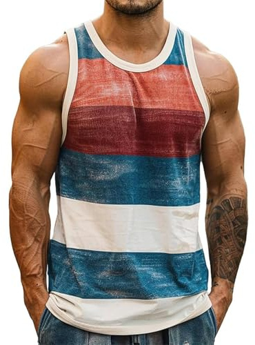 Camiseta de Tirantes Hombre Verano Playa Moda Rayas Estampado Camiseta Sin Mangas Hawaiano Chalecos Deportivos Regular con Cuello Redondo Cómodo Transpirable Casual Chandal Tank Top