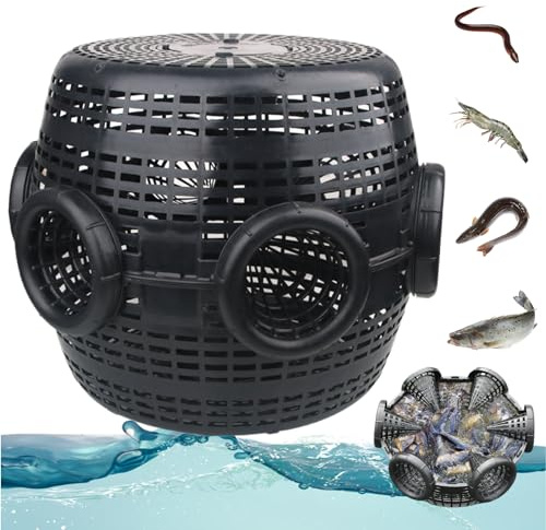 Trampa para Peces PP con Trampa para camarones de Malla Resistente para langostinos de río, 13x13x11 Pulgadas, Cangrejo Negro Desmontable portátil con 6 Agujeros y 2 Cajas de Peso