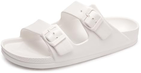 FUNKYMONKEY Women's Comfort Slides, Adjustable Double Buckle with Arch Support EVA Non-Slip Flat Sandals for Vacation & Daily Wear (9 M US-Women, White)