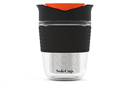 SoleCup. Travel Mug Loose Tea Infuser - Detachable Tea Strainer with Spillproof Lid - BPA-Free Reusable Glass Travel Coffee Cup with Silicone Band (Black, 340ml / 12oz)