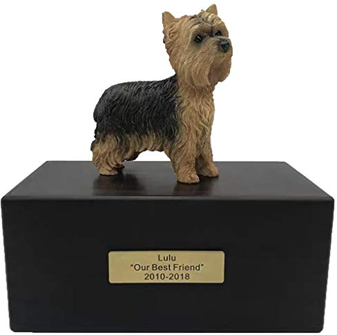Urna de Cenizas Cremación Personalizado para Mascotas de Madera Palisandro con Estatua Placa de Grabada para el Nombre y la Fecha del Perro Gato Caja De Perros Gatos Urnas Funerarias,Yorkshire terrier