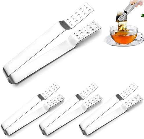 4 Pezzi Pinza per Bustine di Tè, Pinze per Zucchero, Clip Della Bustina di Tè, Acciaio Inossidabile Anti Scottature Durevole Pinze Ghiaccio Piccole Pinze per Casa, Cucina, Utensili Bar (Argento)
