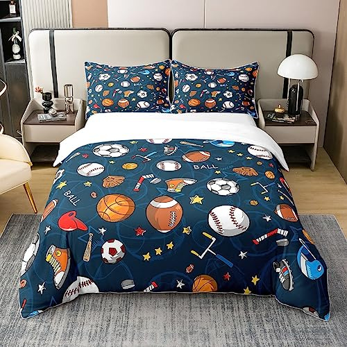 Parure de lit 100 % coton avec housse de couette motif ballon bleu 3D - 100 % coton - Pour enfants - Motif ballon de baseball, football, basket-ball - En microfibre - Décoration de chambre - Double