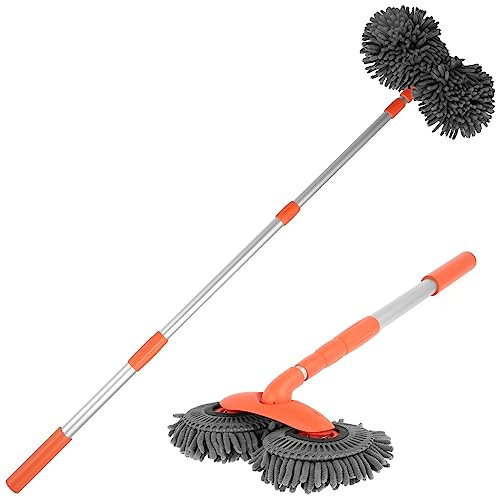 Car Wash Mop with Retractable 135cm Long Handle 360° Rotating Car Detailing Cleaning Brush Absorbent Chenille Microfiber Soft Bristle Double Head Scratch-Free Duster for Car Window Clean