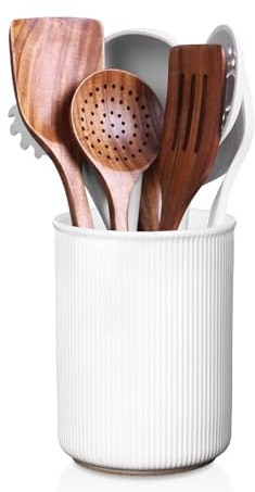 LoeJan 6.7 Utensil Holder, Ceramic Kitchen Utensil Holder with Cork Bottom, Large Utensil Crock for Countertop, Vintage Cooking Tool Organizer Set for Kitchen Counter Decor(White)