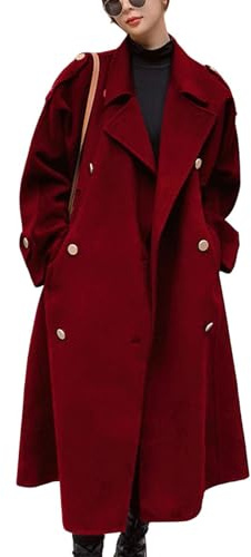 chouyatou Women's Winter Double Breasted Midi Long Wool Pea Coat Notch Lapel Winter Trench Coat (Medium, Red)