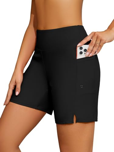 SHEKINI Bañador para mujer de cintura alta con bolsillos de secado rápido para playa con forro, Negro , XL