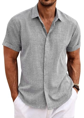 COOFANDY Mens Linen Shirts Short Sleeved Summer Regular Fit Button Down Hawaiian Holiday Tops