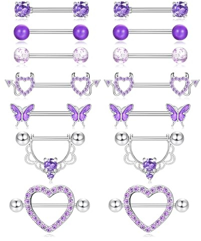 LOLIAS 7 Pares 14G Piercing Pezon para Mujer Acero Quirurgico Piercing Pezon Barras de Lengua Piercing Lengua Corazón Mariposa CZ Barra Juego de Anillos para Pezón Piercings Rectos
