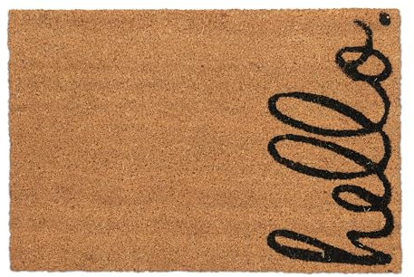 Relaxdays Fußmatte Kokos, Türvorleger Hello, 60 x 40, rutschfest, wetterfest, Fußabstreifer innen & außen, natur/schwarz