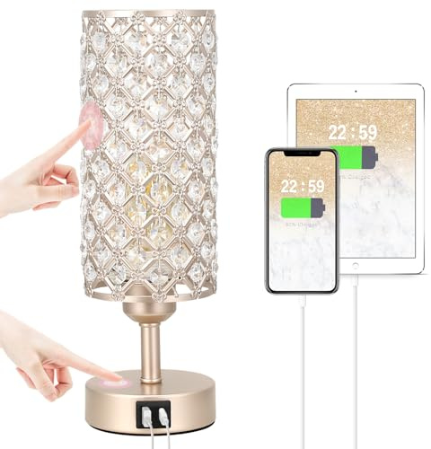 Crystal Table Lamp with USB C+A Ports, 3 Way Dimmable Touch Lamp with Crystal Shade, Champagne Gold Bedside Nightstand Small Lamp for Living Room Bedroom Home Office