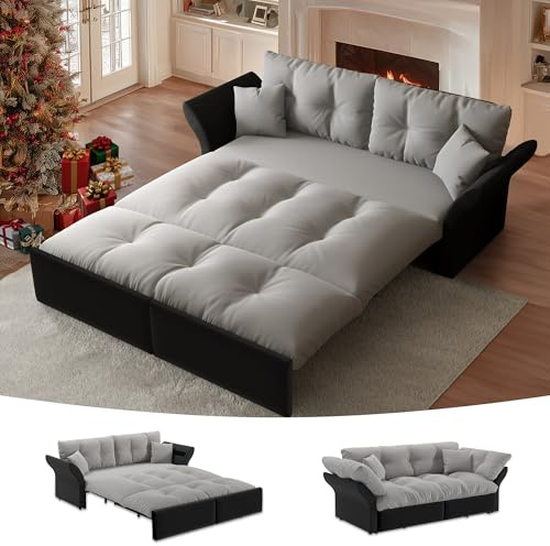 CAPCAEK 74.8 Queen Pull Out Sofa Bed, Luxury Velvet Convertible Sleeper Sofa, Comfy Cloud Pullout Futon Couch,Loveseat Recliner Sofabed for Living Room Office RV (Grey, 74.8'')