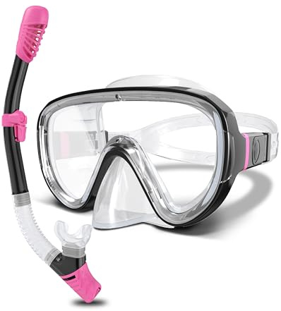 G2RISE Conjunto de Máscara, Gafas de Buceo para Adultos, Gafas Snorkel con Lentes de Vidrio Templado, Sistema de Tope Seco & Hebilla Ajustable Mejorada para Esnórquel, Buceo, Natación (Negro Rosa)