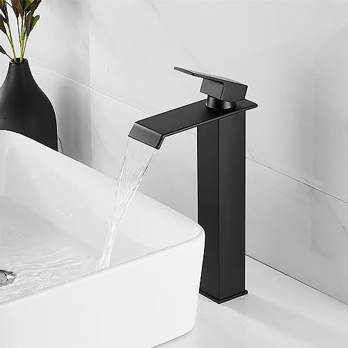 XWIHTR Grifo Cascada para Baño y Lavabo de Una Manija, Ahorro de Agua, Boca Caliente y Fría, de Acero Inoxidable y Latón (Negro-h)