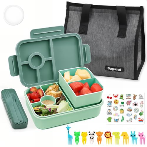 Bugucat Lonchera Bento de 1300 ml con bolsa, a prueba de fugas, con 4 compartimentos, cubiertos para niños y adultos, caja de aperitivos para escuela, jardín de infantes, oficina, color verde oscuro