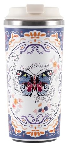 Cottea Gobelet à Café 450 ml/15 oz Avec Revêtement En Céramique, Tasse à Café Isotherme Antidérapante Avec Base à Ventouse Et Couvercle à Ouverture En Un Clic. (papillon)