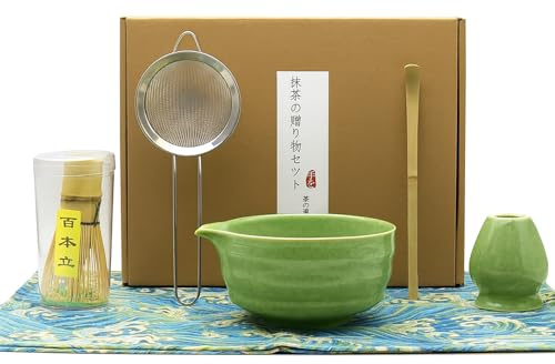 Set Matcha Giapponese 6 Pezzi – Kit per Cerimonia del Tè Tradizionale con Ciotola Verde, Frusta in Bambù, Cucchiaio, Setaccio e Supporto – Set Regalo Zen per Amanti del Tè (Verde)